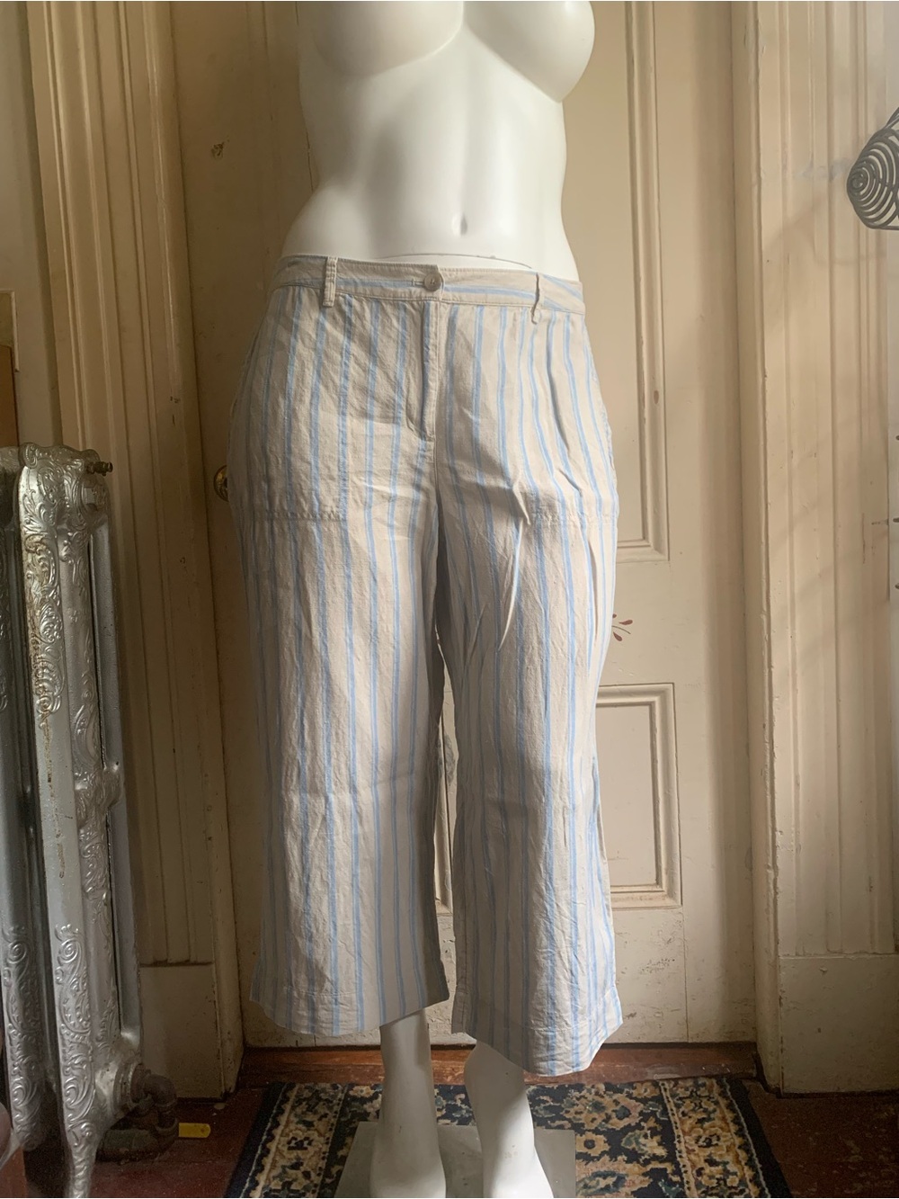 J. Jill Linen Striped Pants in Light Blue and Cream